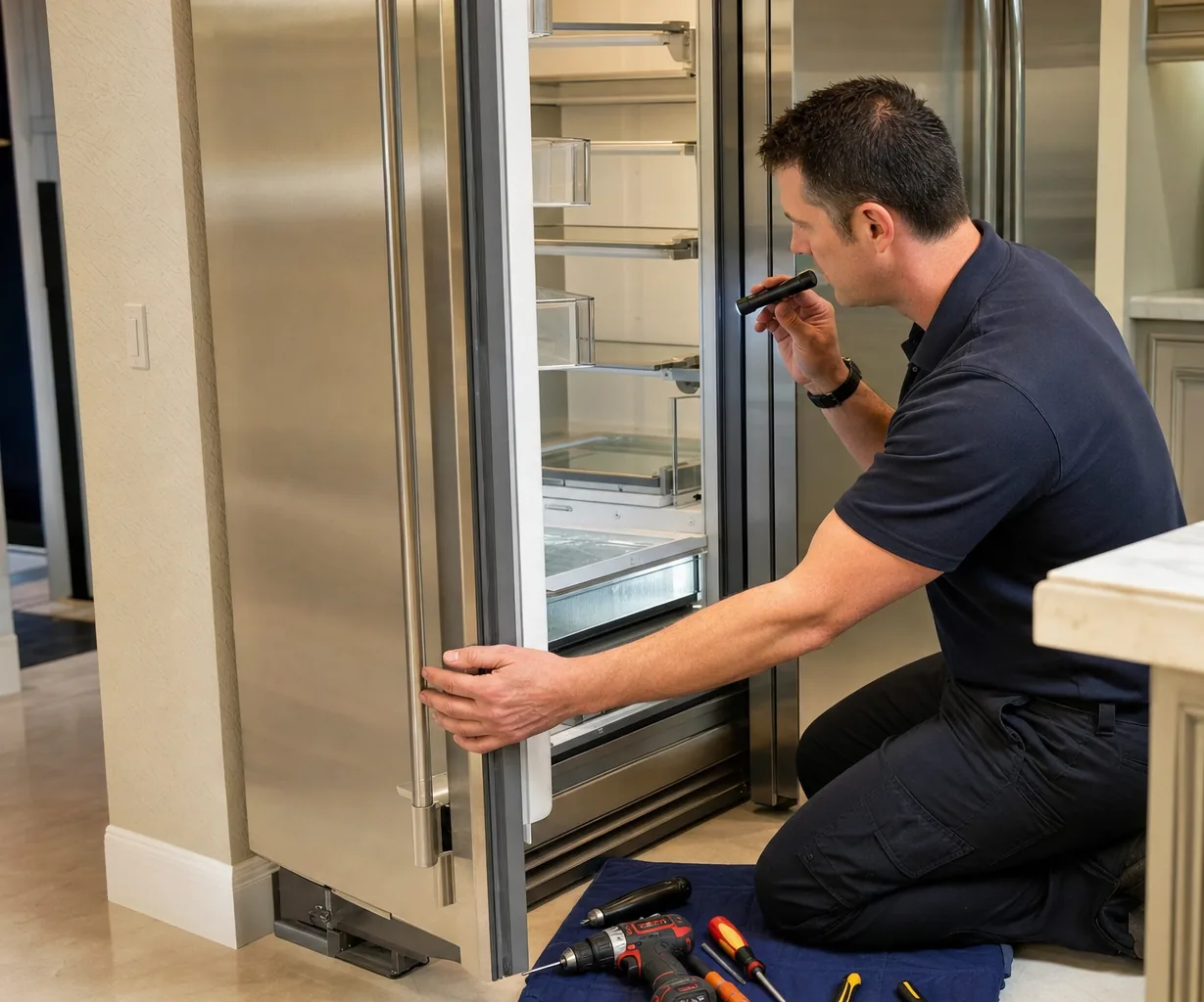 Technician repairing a built-in refrigerator up close