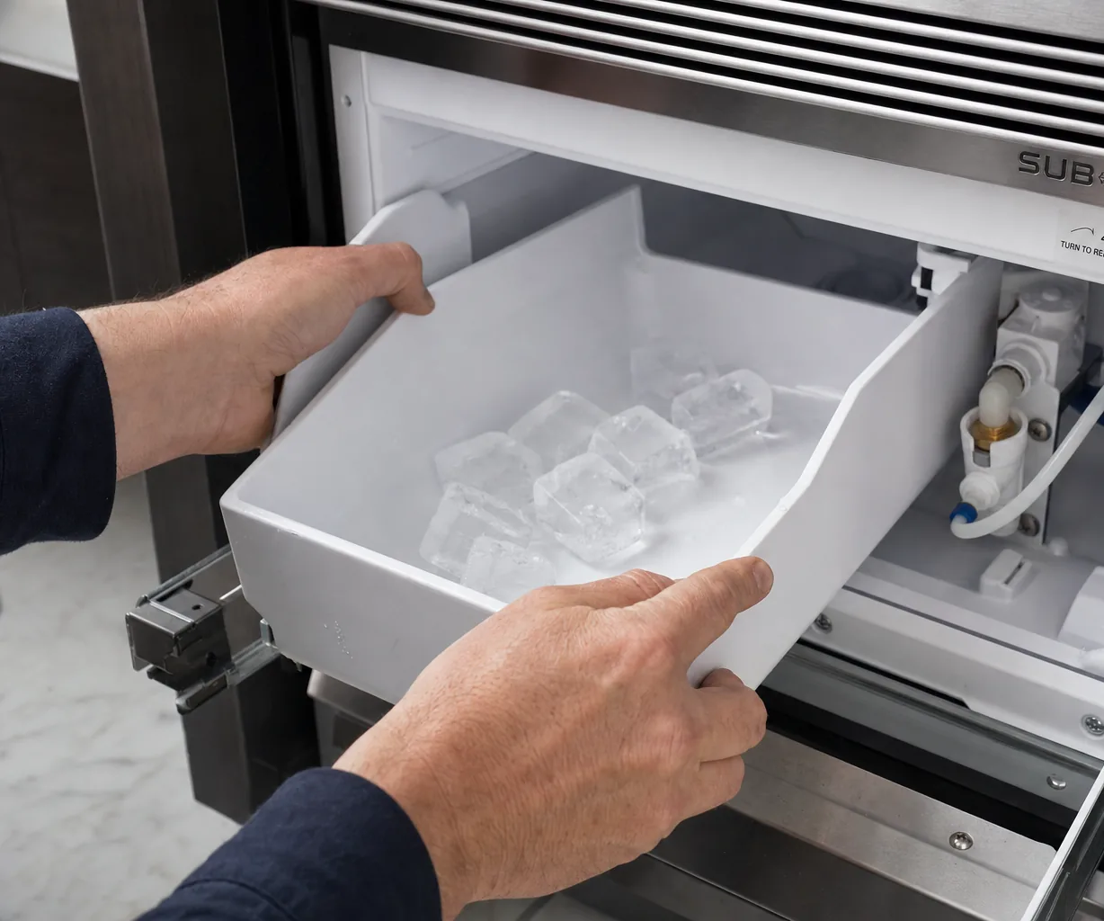 Technician servicing a built-in ice maker in an Irvington kitchen