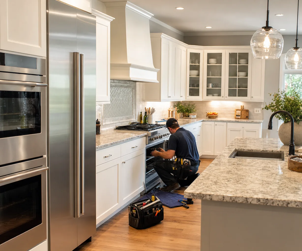 A luxury kitchen with built-in stainless appliances mid-repair