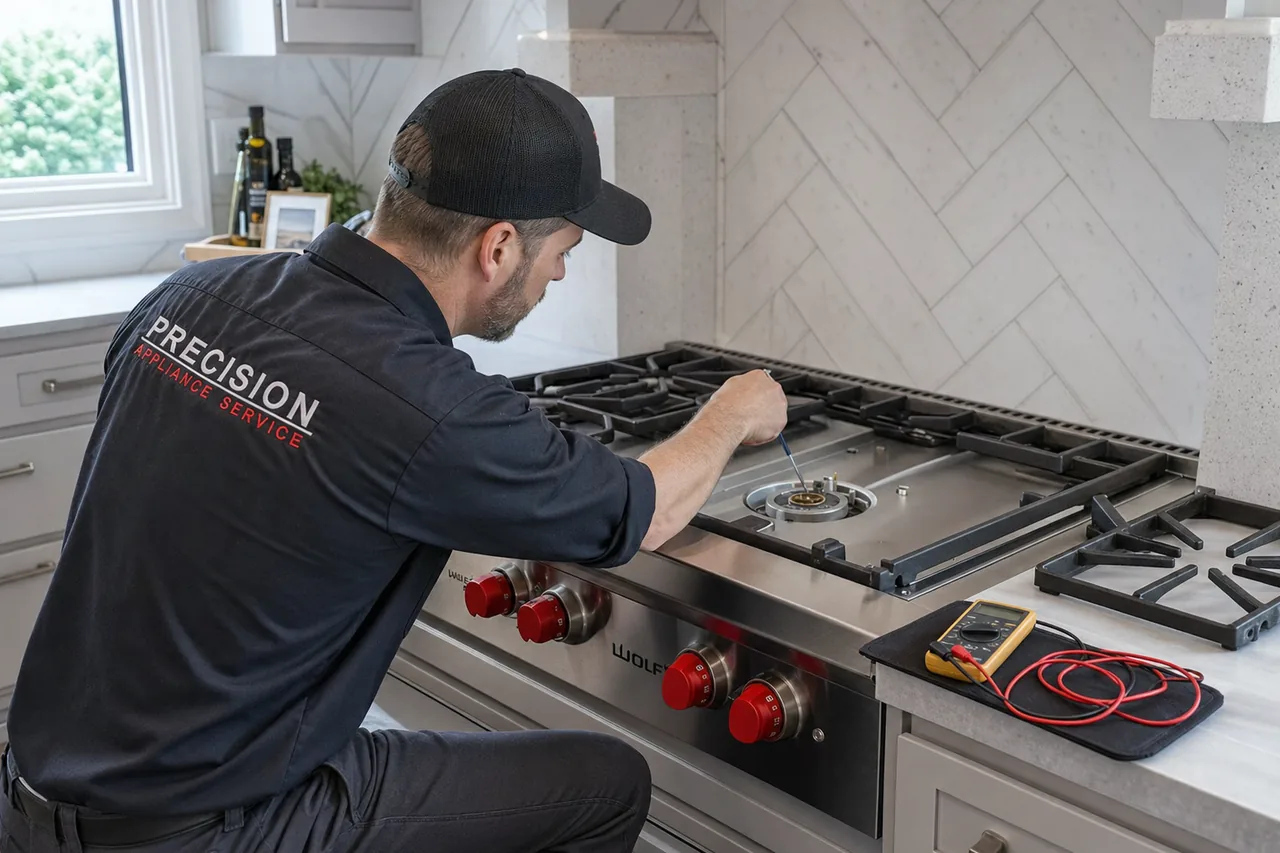 Technician servicing a stainless Wolf range on a same-day visit